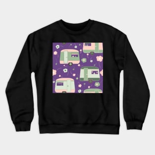 Repeat pattern of vintage caravans and daisies in pastel pinks and greens on purple Crewneck Sweatshirt